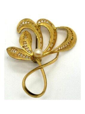 Vintage Gold Tone Filigree Swirl Brooch with Faux Pearl Marked "Western Germany"